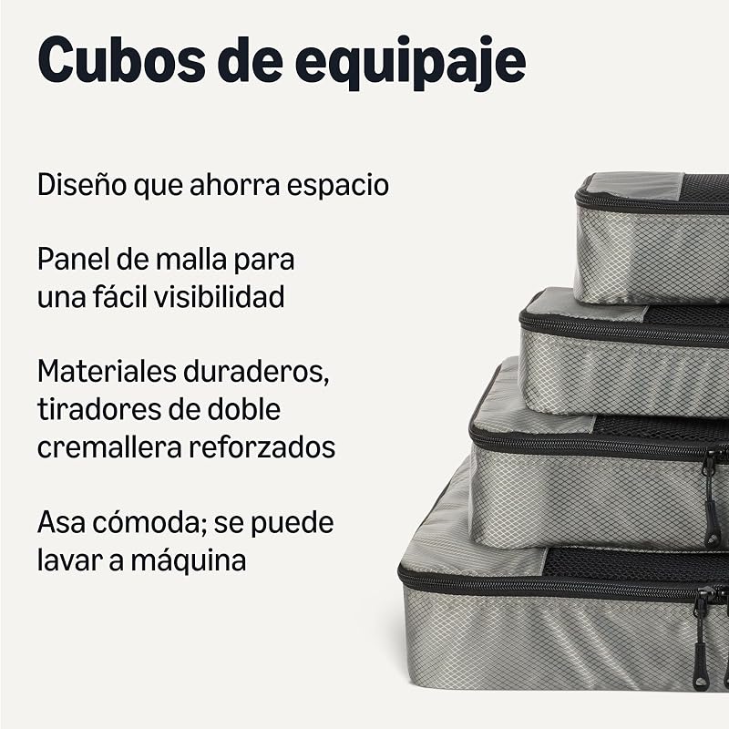 Juego de 4 Cubos para Viaje, Organizador de Equipaje con Doble Cremallera, Parte Superior de Malla, 100% Poliéster, Pequeño/Mediano/Grande/Delgado, Gris (antes Amazon Basics)