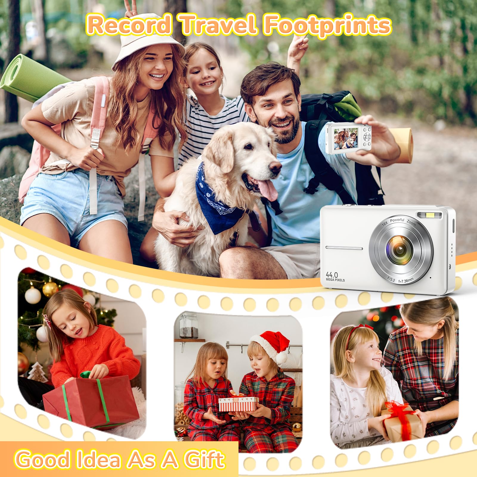 Digital Camera, Jukanur Upgraded Camera for Kids with 32GB Card, 16X Zoom, Point and Shoot Digital Camera with Anti-Shake, Timestamp, Flashlight, Portable Travel Camera for Teens Girls,Boys, White