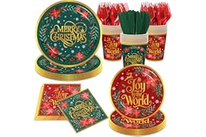 GREHUMOR 144PCS Vintage Christmas Party Supplies Christmas Holly wreath Paper Plates and Napkins Cups and Cutlery for Winter Holiday Party Decorations, Serve 24