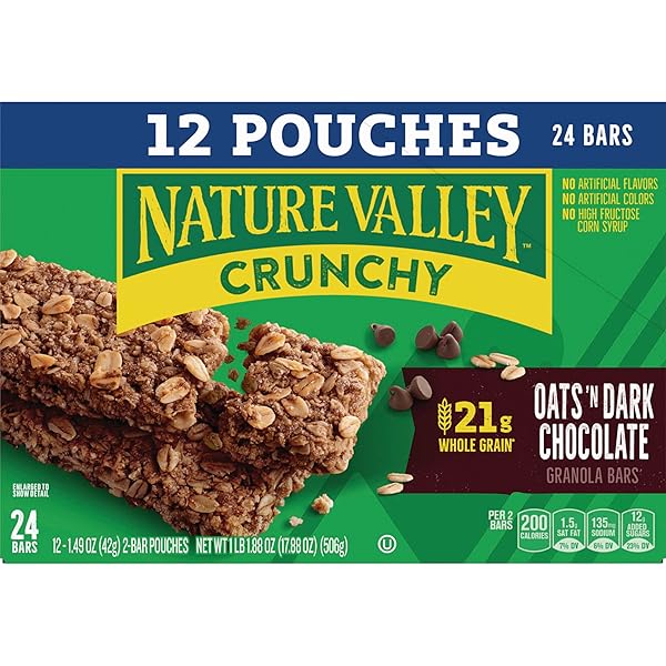NATURE VALLEY CRUNCHY GRANOLA BARS, OATS ‘N DARK CHOCOLATE, 24 BARS, 17.88 OZ (12 POUCHES)