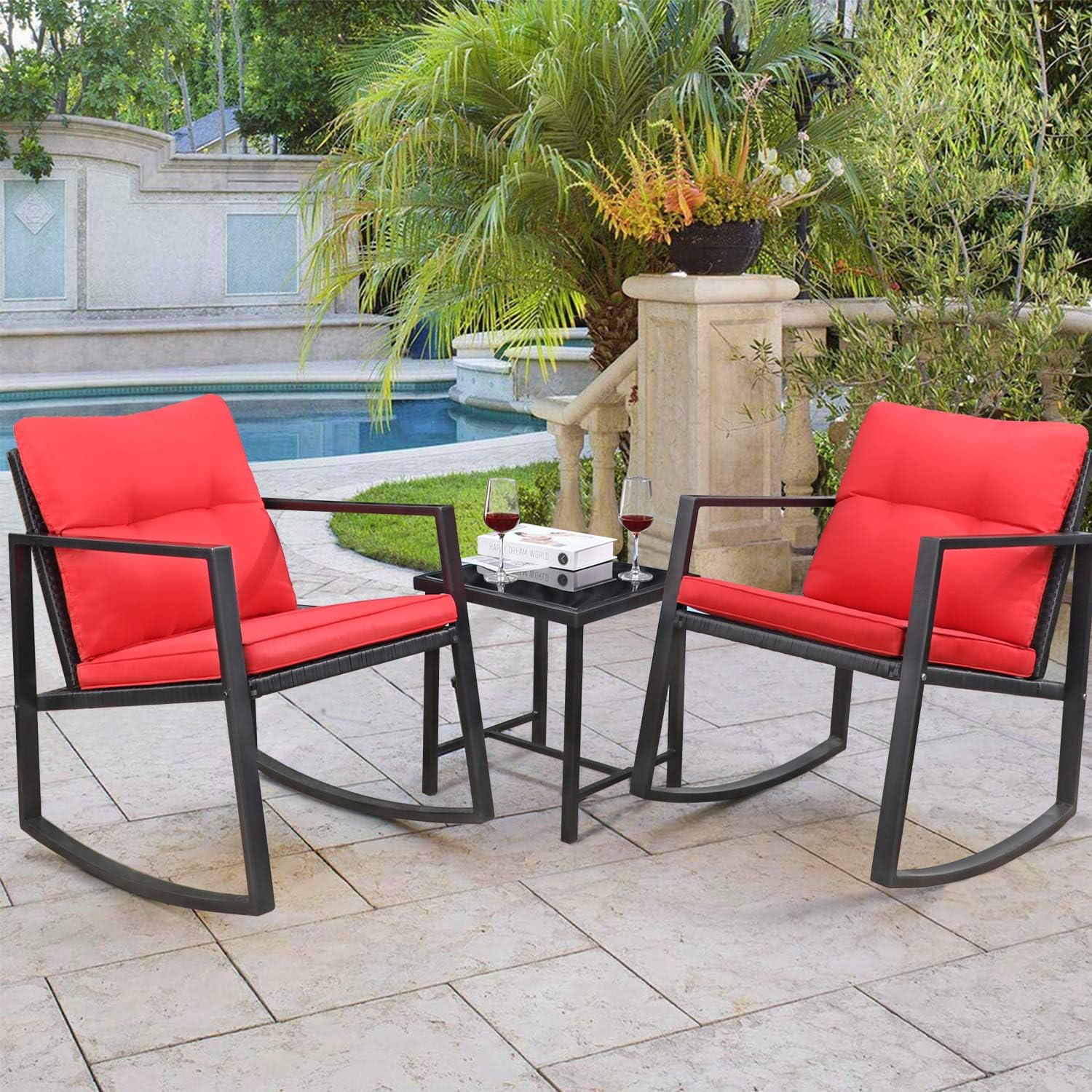 Greesum GS-3RRCSRD 3 Pieces Patio Furniture Set,Glass Coffee Table, Red: Garden & Outdoor