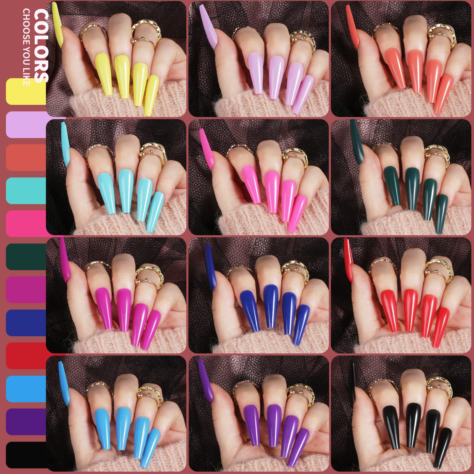 Teenitor Full Cover Color Press On Coffin Nails, 576pcs Fake Nail Tips in 24 Colors, Glue On Long Ballerina False Nails - Image 3