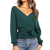ZESICA Women's Fall 2026 Wrap V Neck Long Batwing Sleeve Belted Waist Ruffle Knitted Sweater Pullover Top