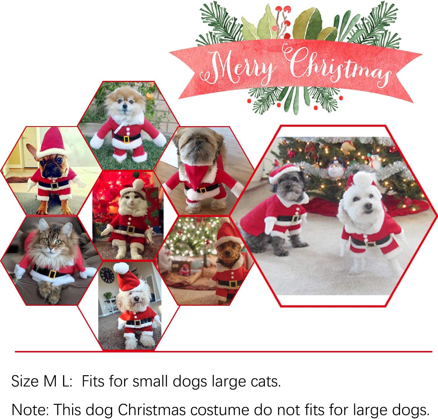 DELIFUR Pet Christmas Costume with Cap - Santa Claus Suit for Dogs & Cats - Warm Winter Xmas Costume (Red, M) - Image 3