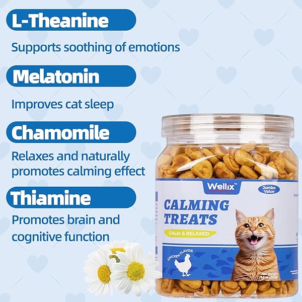 WELLIX 13.5OZ CALMING CAT TREATS FOR INDOOR CATS – CHICKEN FLAVOR KITTEN TRAINING SNACKS FOR BEHAVIORAL & PROMOTES RELAXATION WITH CHAMOMILE POWDER & MELATONIN