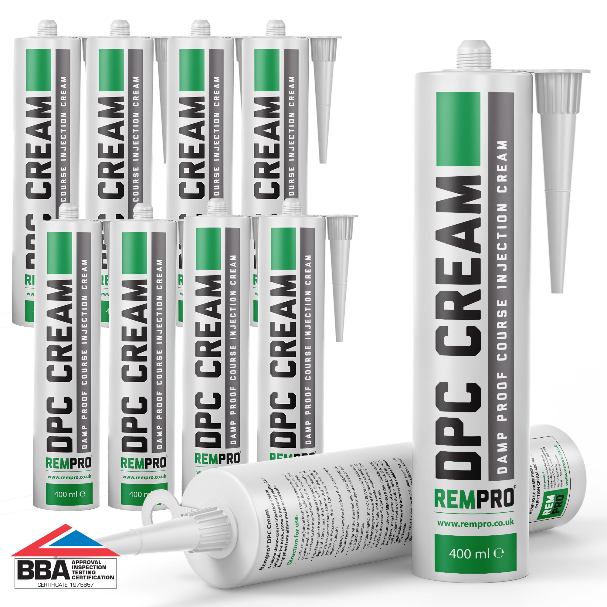 Rempro 10 x 400ml DPC Damp Proofing Course Cream - Barrier Treatment & Control of Rising Damp in Walls - BBA Certified