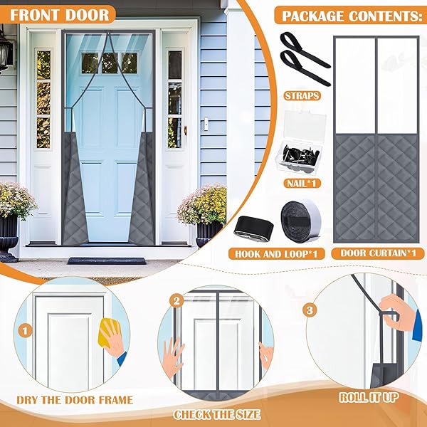 FANFANWIN 2 SETS MAGNETIC THERMAL INSULATED CURTAINS FOR 30″ X 80″ DOORS WITH CLEAR WINDOW WINTER THICKEN QUILTED OXFORD COTTON WATERPROOF DOOR COVER FOR COLD WEATHER(GRID, TRANSPARENT GRAY)