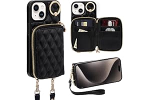 Keallce Case for iPhone 14 6.1'' Wallet Case, Crossbody Zipper Purse with Wrist Strap Lanyard Handbag for Women, RFID Blocking Card Holders, 360° Ring Kickstand Flip Leather Cover for iPhone 14, Black