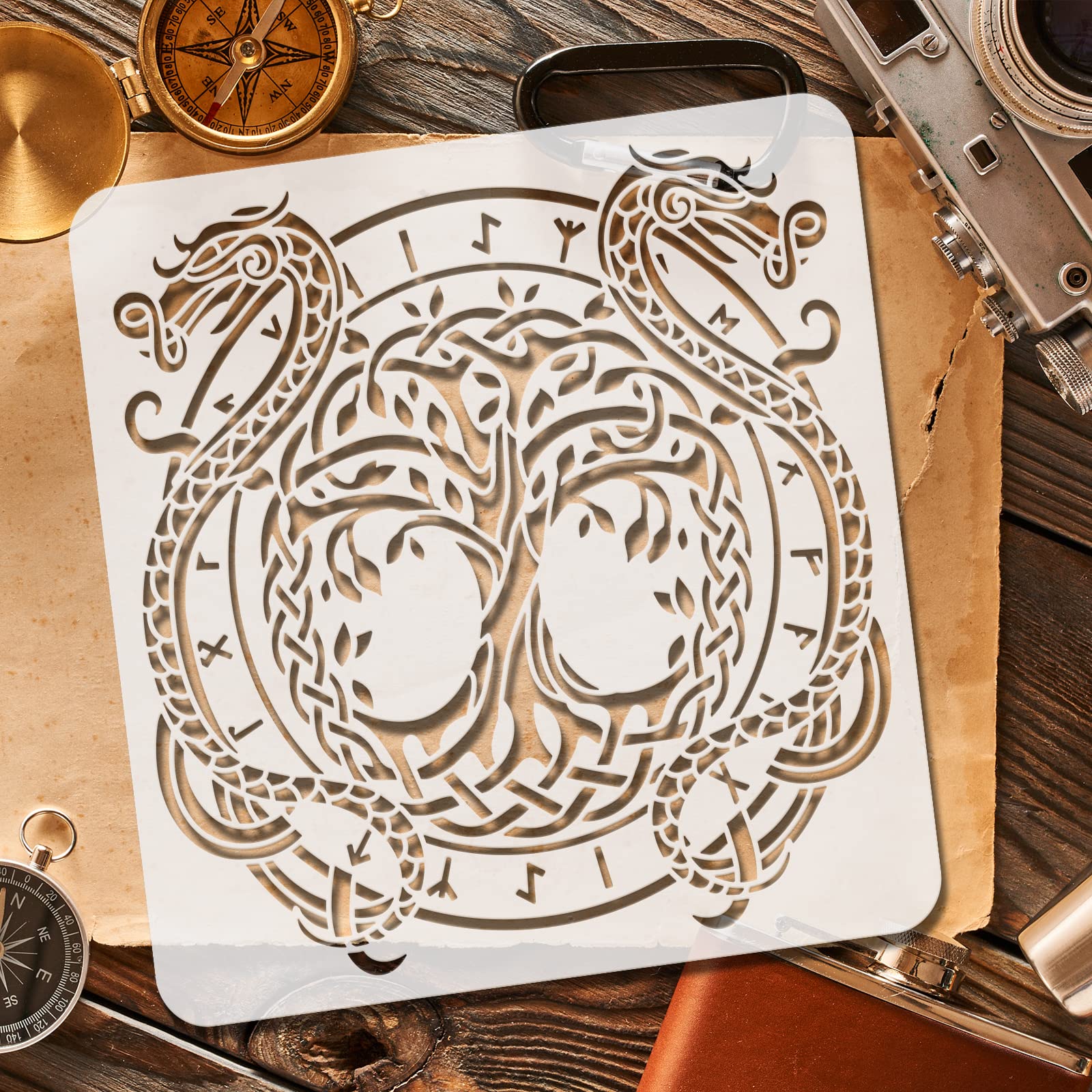 FINGERINSPIRE Tree of Life Stencil 30x30cm Reusable Dragon Painting Stencil Plastic Tree of Life Dragon Viking Pattern Stencils for DIY Crafts and Home Decor