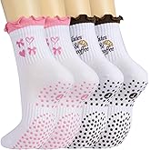 Juedverty 2 Pairs Women's Cute Pilates Ruffle Socks, Grippy Non-Slip Crew Socks with Embroidery for Yoga Barre Workout
