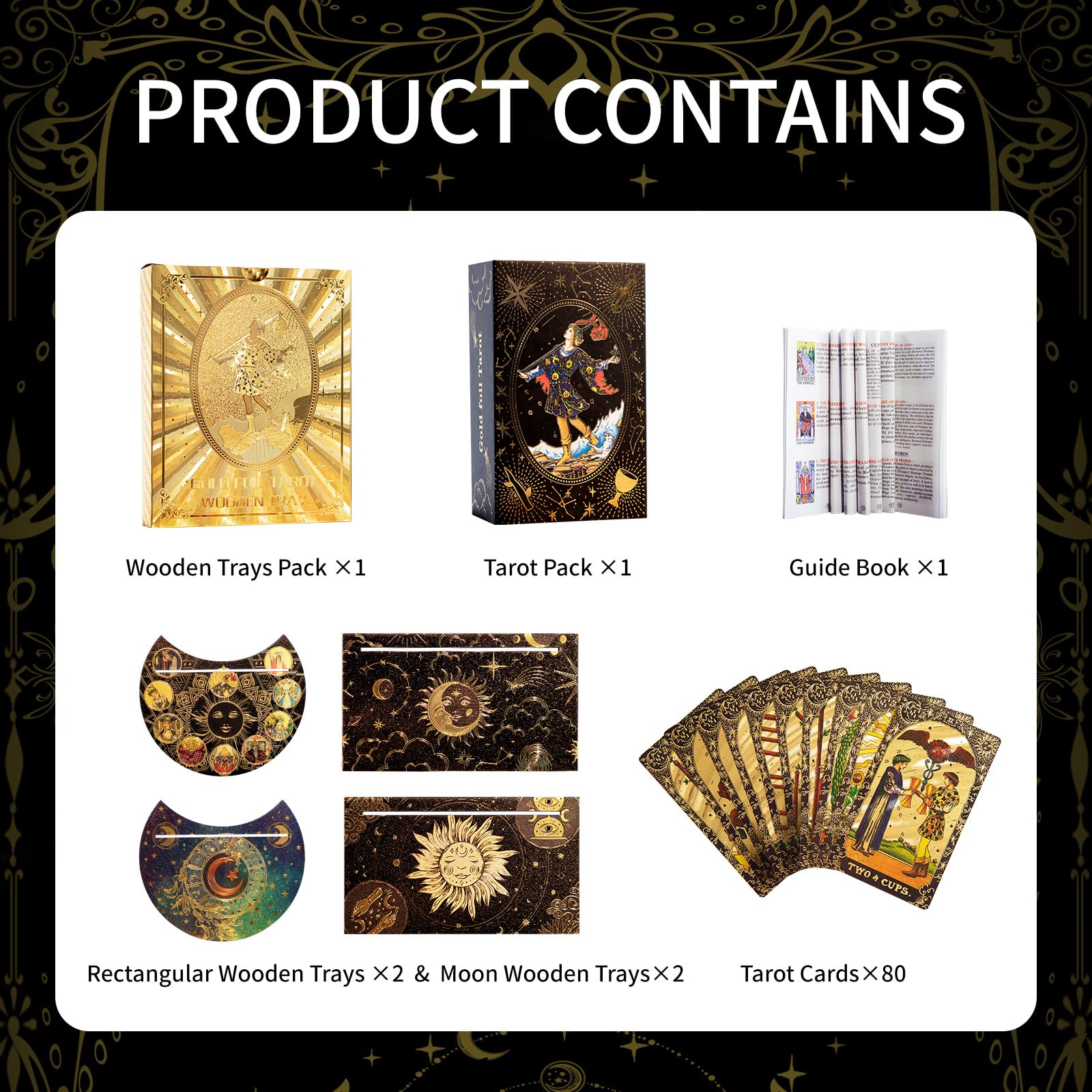 Tarot Cards with Guide Book, 80PCS Gold Tarot Cards Set with 4Pcs Wooden Tarot Card Holder, Waterproof Tarot Deck/Fortune Telling Game Craft Cardboard for Beginners