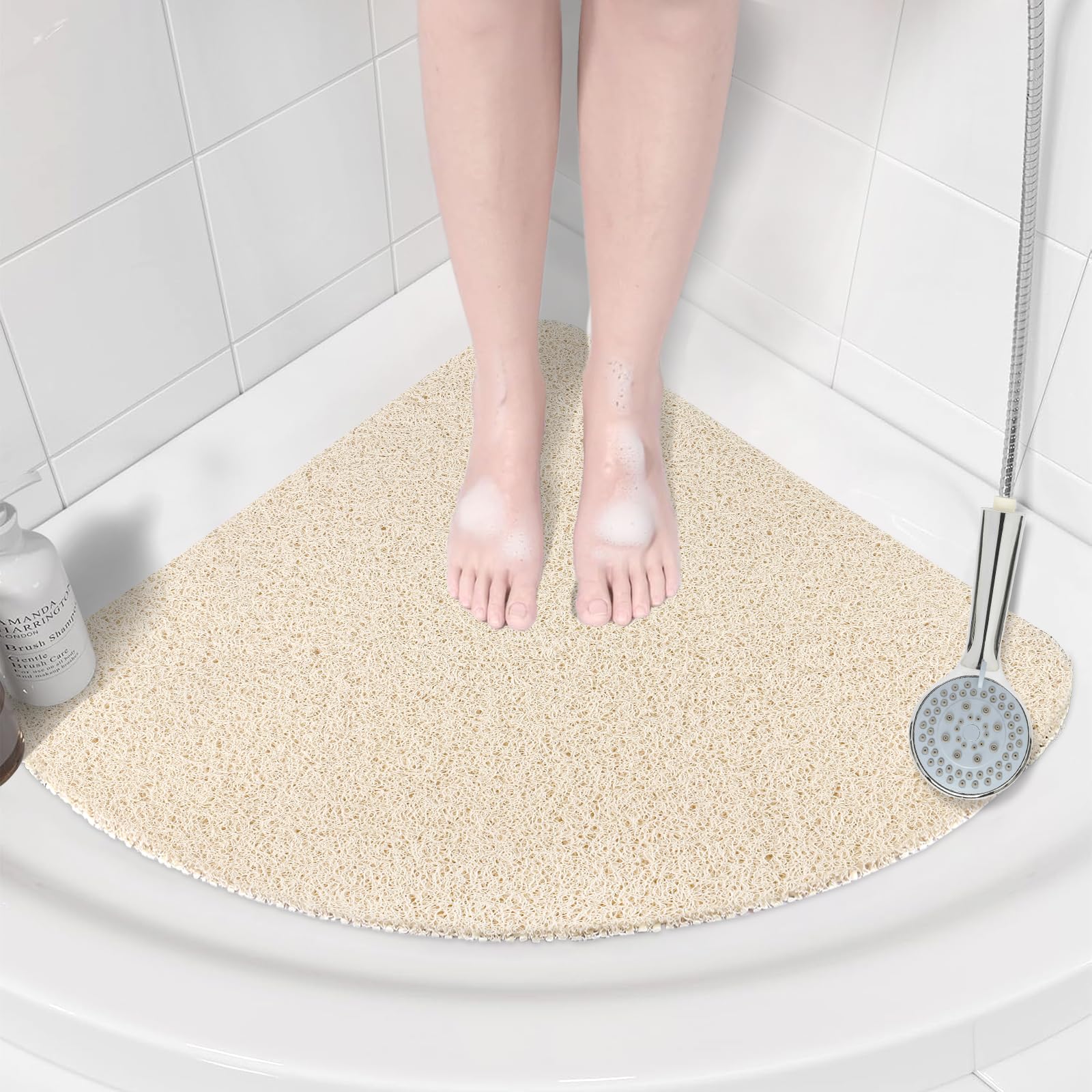 Corner Shower Mat Non Slip: Anti Mould Bath Mat - 53 x 53 cm Loofah Shower Mats for Inside Shower- Anti Slip Bath Mat for Inside Bath Beige Quadrant Shower Mat for Elderly Sector Quick Drying