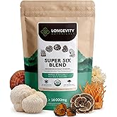 Organic Super Six Powder Mushroom Blend Supplement 100g | Fruiting Body Extract Complex | Lions Mane, Turkey Tail, Cordyceps, Reishi, Chaga & Tremella | 35% Beta-D Glucans | Overall Wellness Support