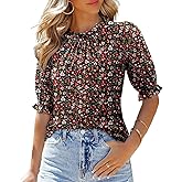 CHICZONE Women's Mock Neck Casual Summer Tops Ruffle Short Sleeve Keyhole Back Boho Blouses