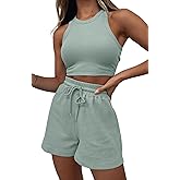 Lingswallow 2 Piece Women Lounge Sets - Sleeveless Crop Top and Shorts Waffle Lounge Set Tracksuits Sweatsuits for Women