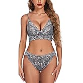 ADOME Women's Lace Lingerie Bra and Panty Set Strappy Babydoll Bodysuit S-XXL