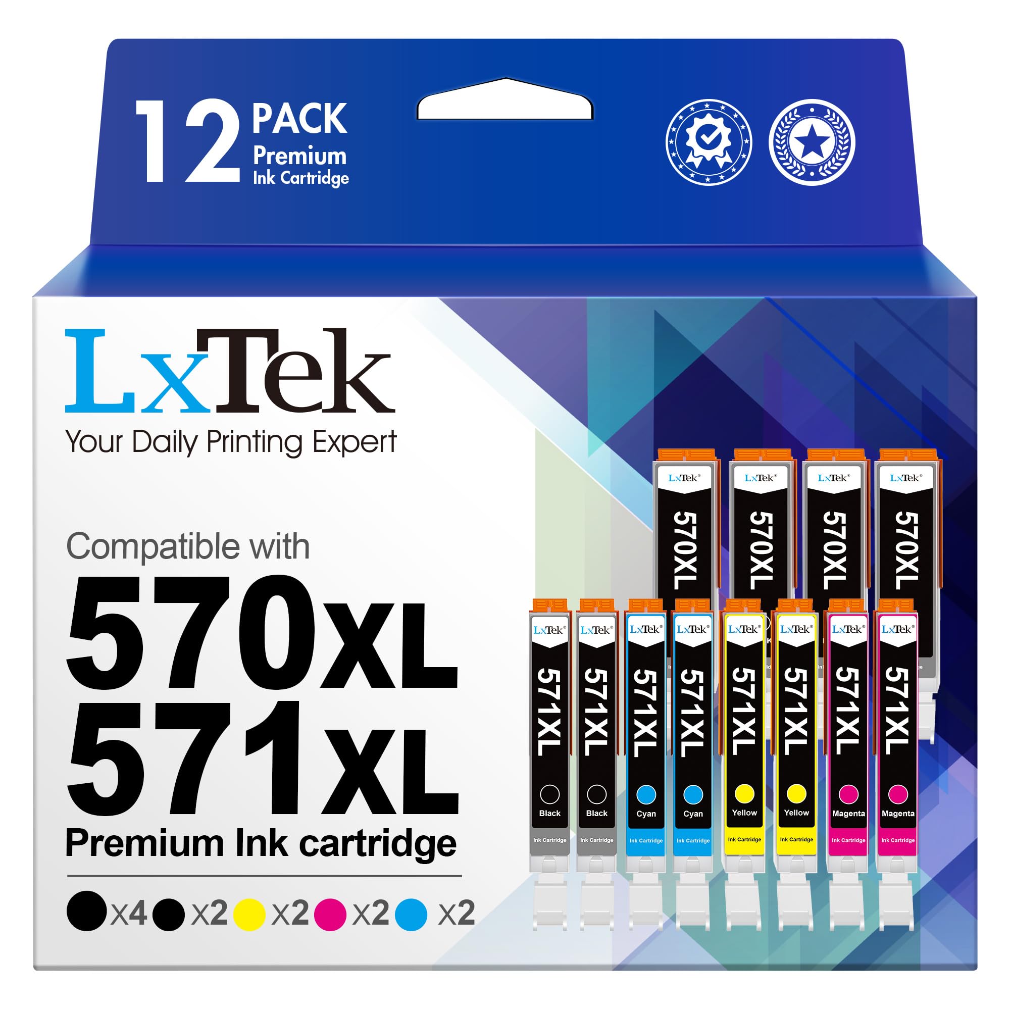 LxTek 570XL Compatible Ink Cartridge Replacement for Canon PGI-570 CLI-571 570XL 571XL for Canon PIXMA TS5050 MG5750 TS5051 MG6851 MG6850 MG5700 MG5751 MG5753 MG6852 (Yellow Black Magenta Cyan,12Pack)