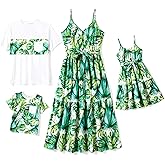 PATPAT Family Matching Outfits Mommy and Me Dresses Spaghetti Sleeveless Summer Vacation Hawaiian Dress and T-Shirts Sets