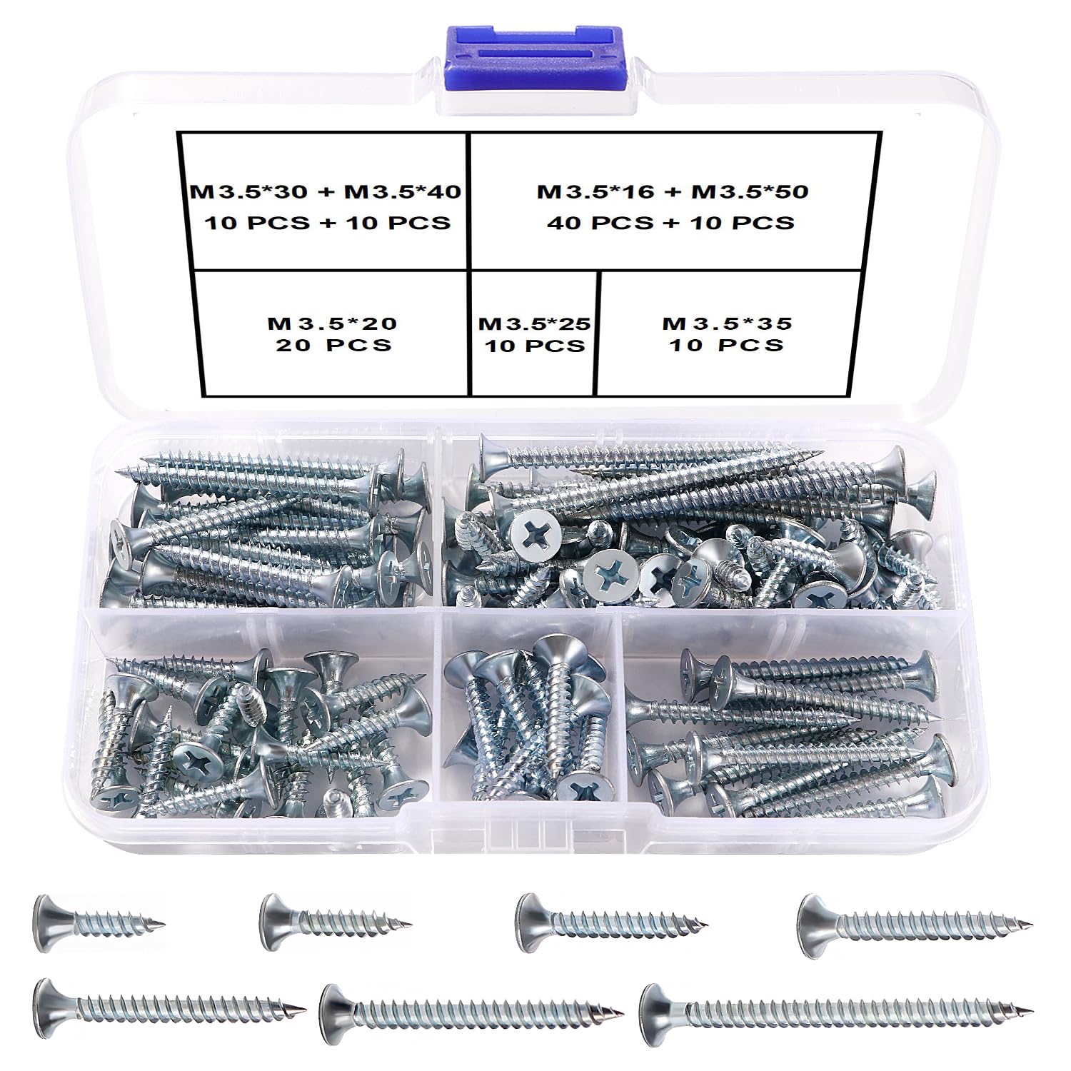 VooGenzek 110 PCS M3.5 Coarse Thread Point Drywall Screws Kit, Phillips Countersunk Drywall Screws, Plasterboard Wood Screw, for Plasterboard and Wood, Silver