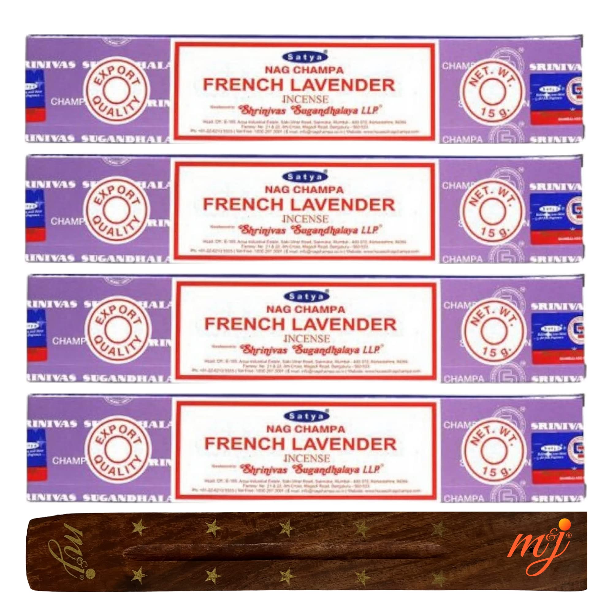 M & J Original Satya Nag Champa French Lavender Incense Sticks | with M&J incense sticks holder | x4 pack | for Aromatherapy, Spa, Yoga, Weddings, Meditation, Healing, Positivity and Relaxation — image 1