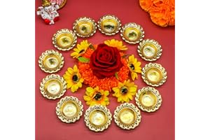 ALIKIKI Golden Metal Diya for Diwali – Reusable Deya Oil Lamps for Indians Home Temple Mandir Altar Pooja Decoration Wedding Housewarming Puja Item Hindu Urli Bowl Diyas for Indian Festivals Gifts (12 Pcs)