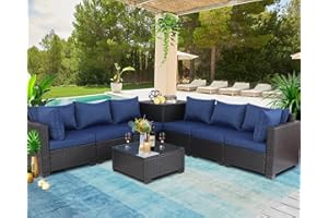 Furnimy Patio Furniture Sets Outdoor Sectional with Hidden Storage Set PE Rattan Outdoor Furniture Patio Conversation Set with Cushions for Balcony Lawn and Garden（Expresso-Navy）