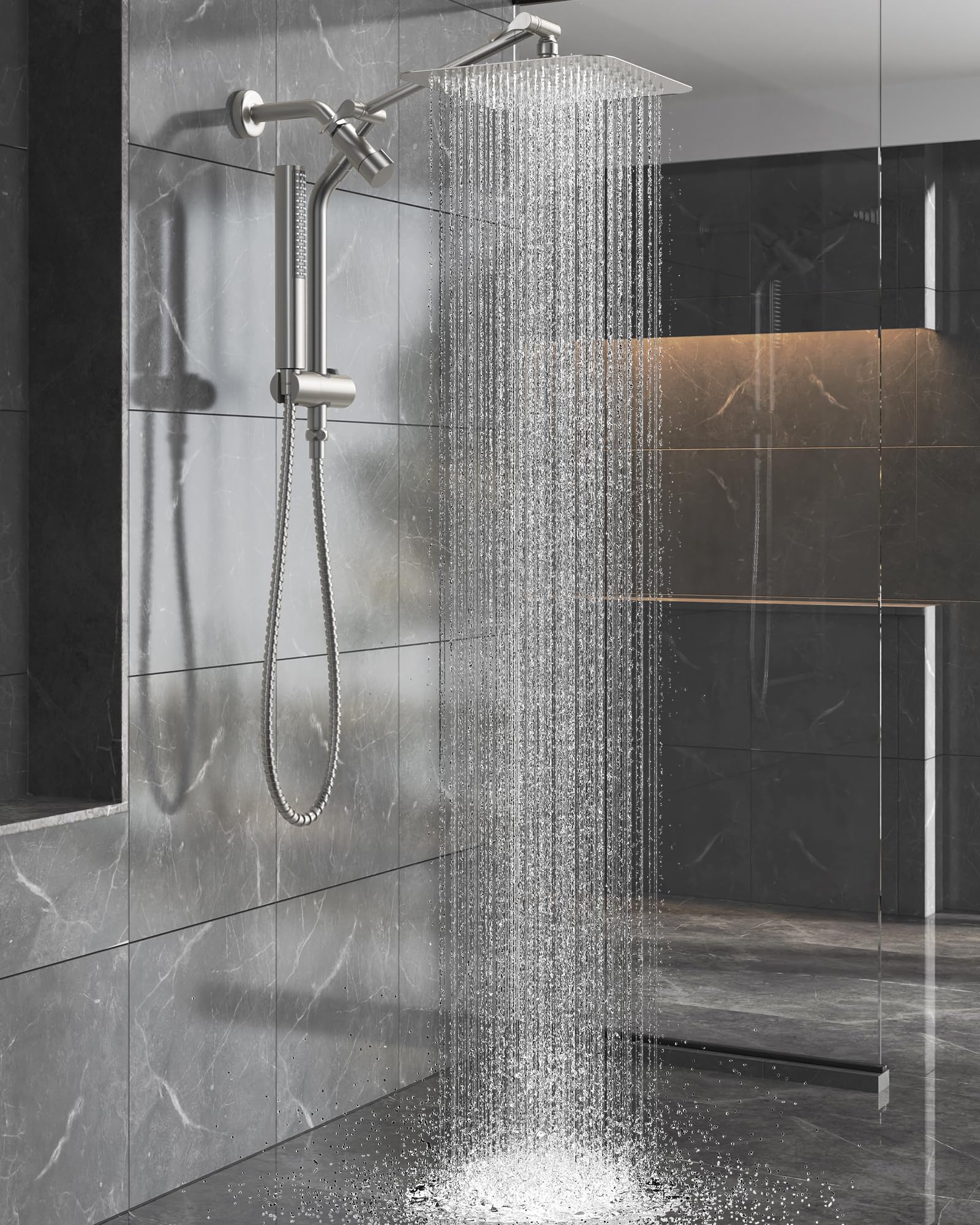 Photo 1 of Veken Brushed Nickel Shower Head, 10'' All Metal Rain Shower Heads with Handheld Spray Combo, Hand Held Bathroom Combo with Extension Arm, Dual shower with Power Wash, Adjustable Rainfall Showerhead