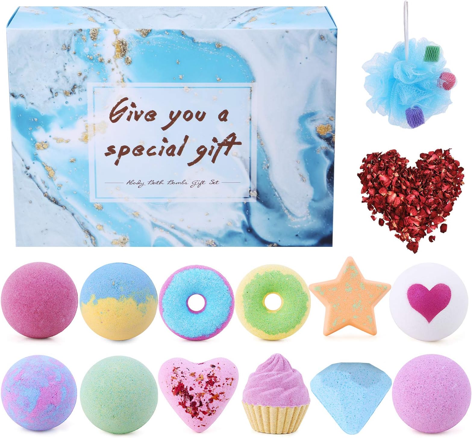 Bath Bombs, Abody 14PCS Bath Bomb Gift Set for Women Kids with Rose Petals and Bath Sponge, Made in Vegan Essential Oils, Coconut Oil, Shea Butter for Moisturizing Skin and Fizzy Spa
