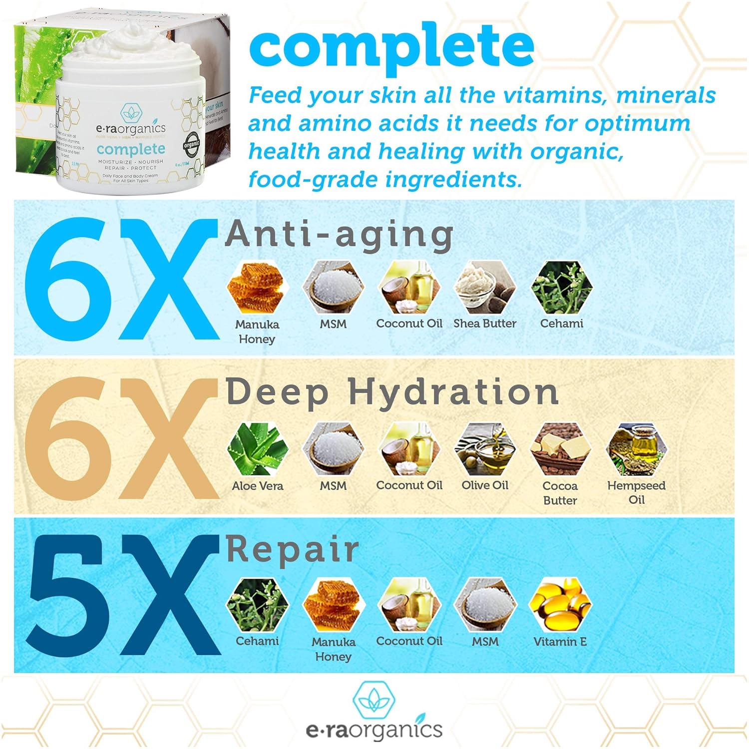 Natural & Organic Face Moisturizer Cream - Extra Nourishing & Hydrating 10-In-1 Daily Facial Cream with Aloe Vera, Manuka Honey, Coconut Oil, Cocoa Butter For Oily, Dry, Sensitive Skin Era-Organics: Beauty