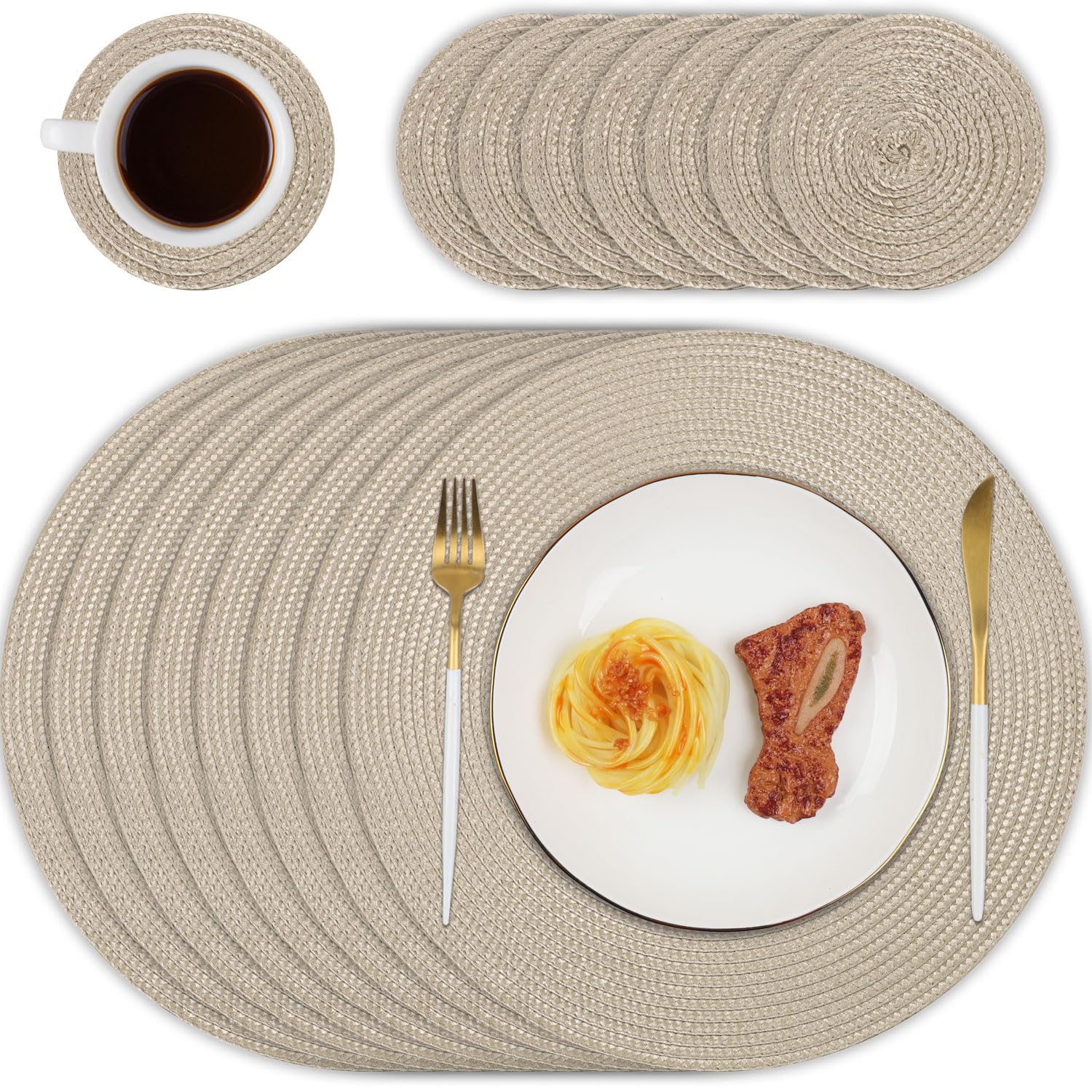 Homcomodar Round Table Place Mats and Coasters Set of 8 Heat Resistant Round Placemats Washable Dining Table Mats for Kitchen Dinner(Khaki)