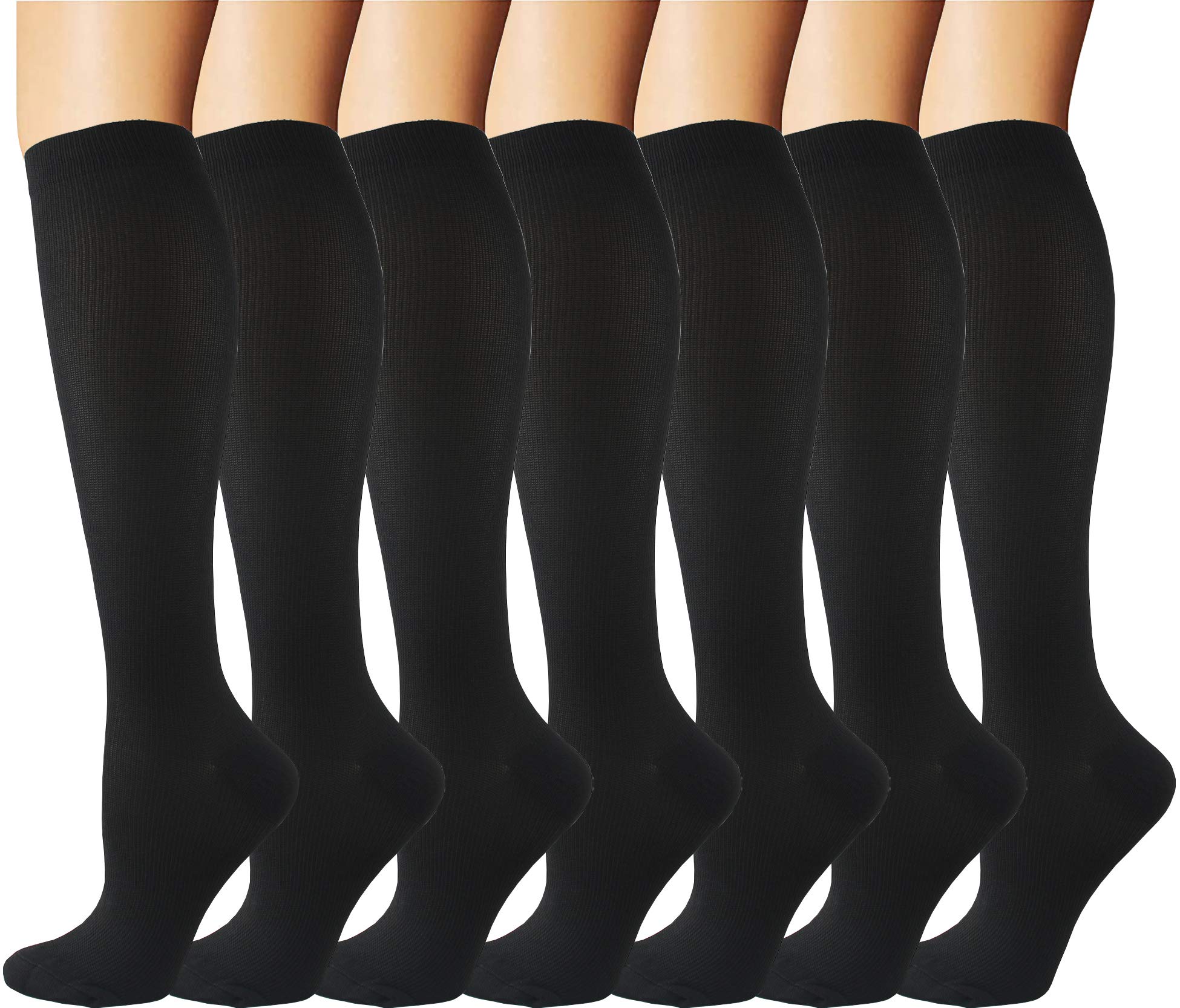 6 Pairs Compression Socks for Men and Women 20-30 mmHg Nursing Athletic Travel Flight Socks Shin Splints Knee High (L-XL, Black-7 Pairs)