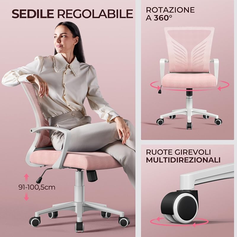 Sedia da Scrivania Ufficio Ergonomica Portata 136kg (2, Rosa)