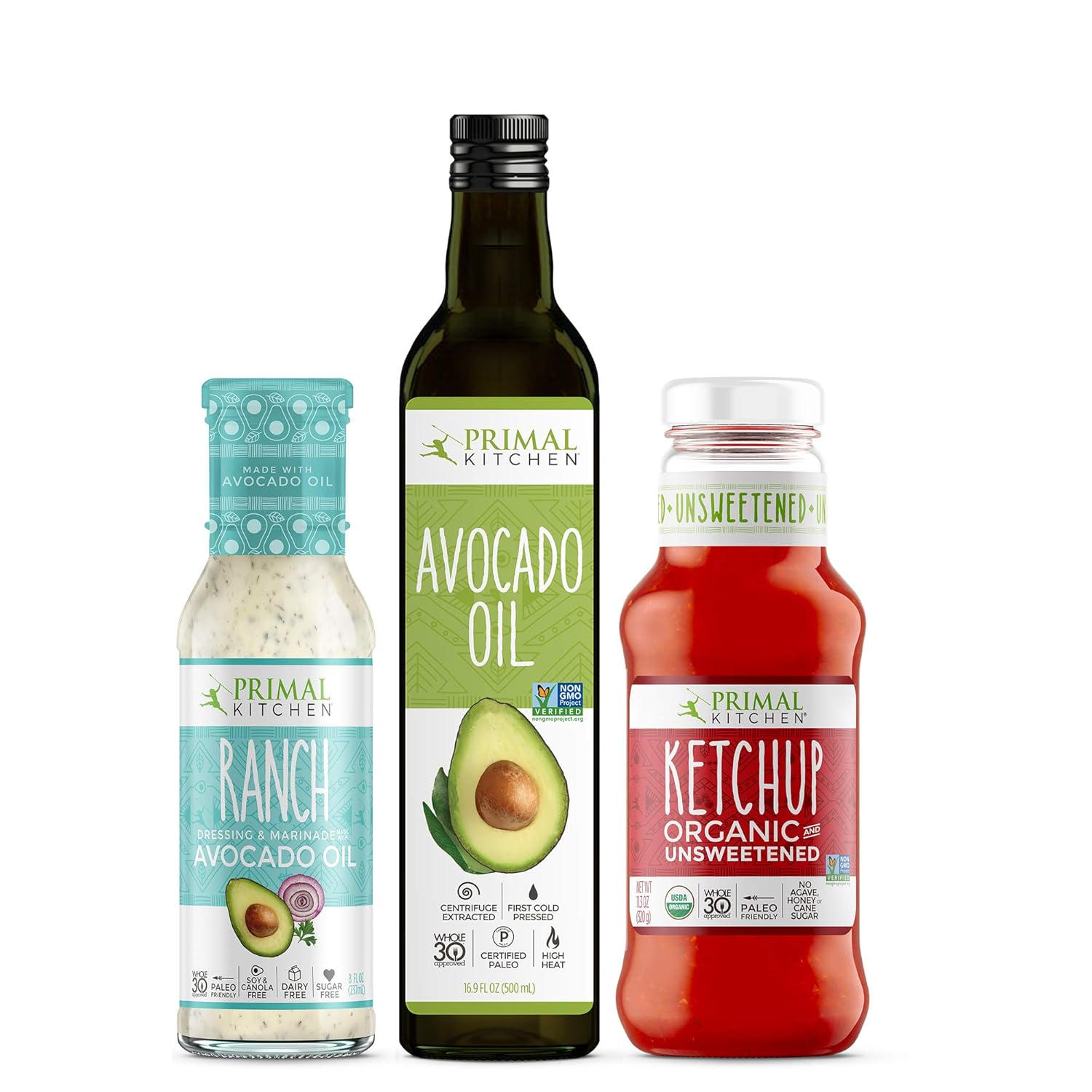 Primal Kitchen Condiment Essentials Kit - Contains Avocado Oil, Ranch Dressing, and Organic Unsweetneed Ketchup, Whole 30 Approved - 3 Bottles