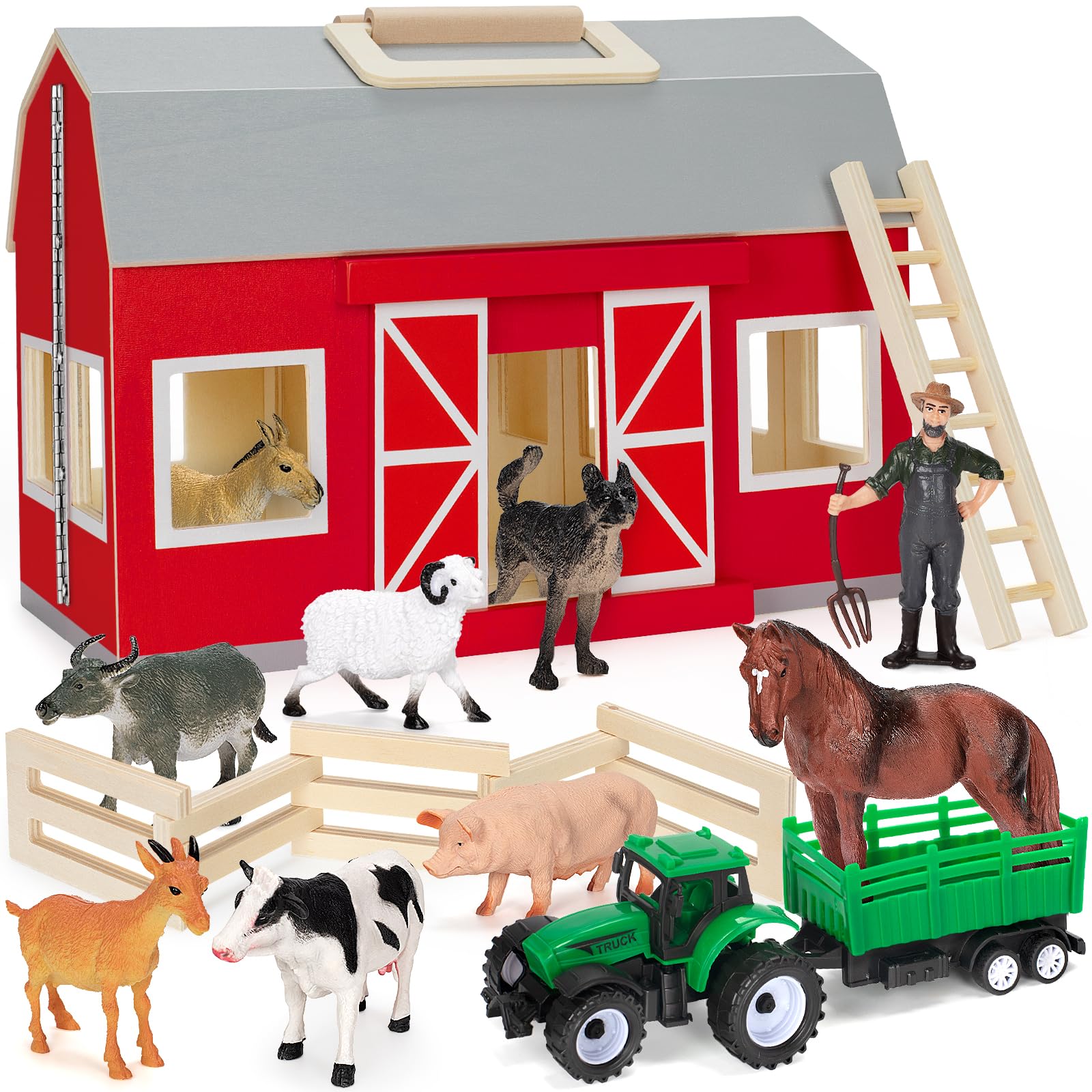 Photo 1 of YEEBAY Farm Animals Toys for 3+ Year Old Kids Toddlers Girls Boys, Large Wooden Barn with Animal Play Figures, Farm Playset Educational Learning Toys, Ideal Christmas Birthday Gifts