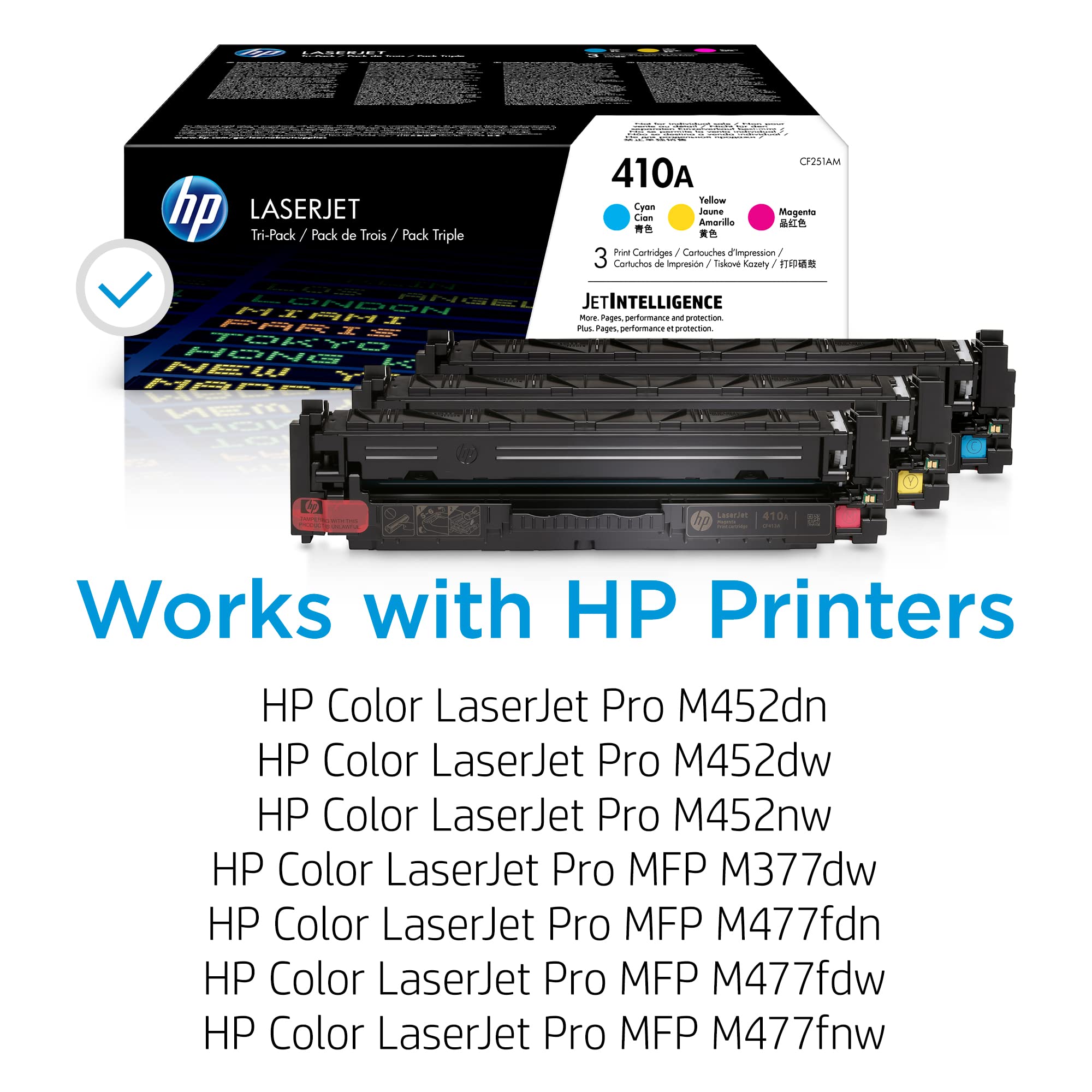 HP 410A Cyan, Magenta, Yellow Toner Cartridge for HP Printers (3-pack) | Works with Color LaserJet Pro M452 Series; Color LaserJet Pro MFP M377, M477 Series | CF251AM