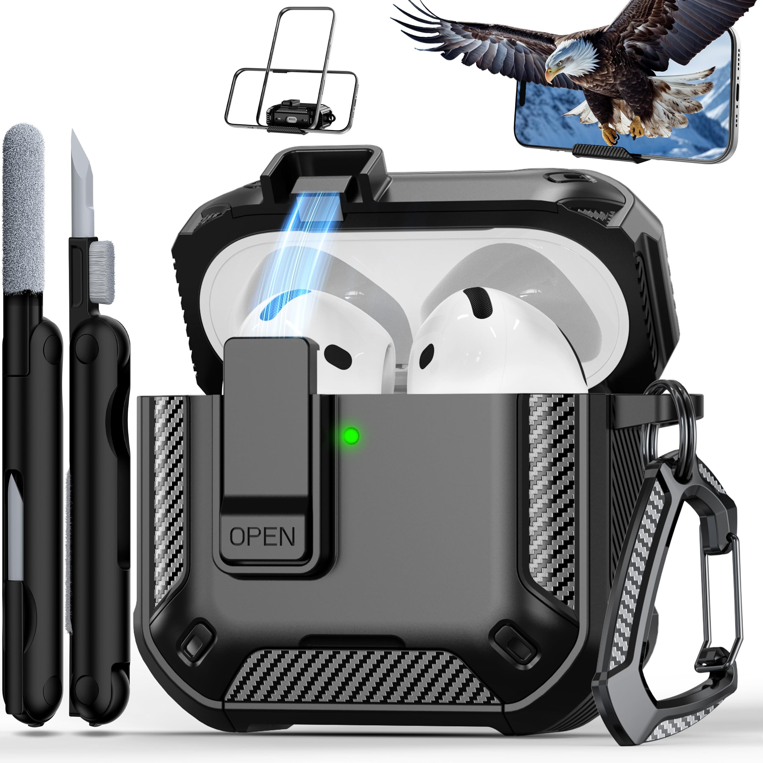 Photo 1 of RFUNGUANGO for AirPods 4th Generation Case, Compatible with AirPods 4th Generation Case (2024), Military-Grade Drop Protection, Comes with Cleaning Kit, Comes with Phone Holder Function -Black