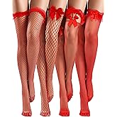 Bencailor 4 Pairs Fishnet Thigh High Stockings Silky Bow Lace Top Sheer Over Knee Stocking for Women