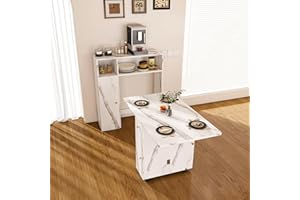 OYUMOENTS Folding Dining Table for Small Spaces, Small Dining Table for 4 Rolls Out From Sideboards and Buffets with Storage, Kitchen Sideboard Cabinet Hides it, Built-in Charging Station, Silent Casters, Wihte