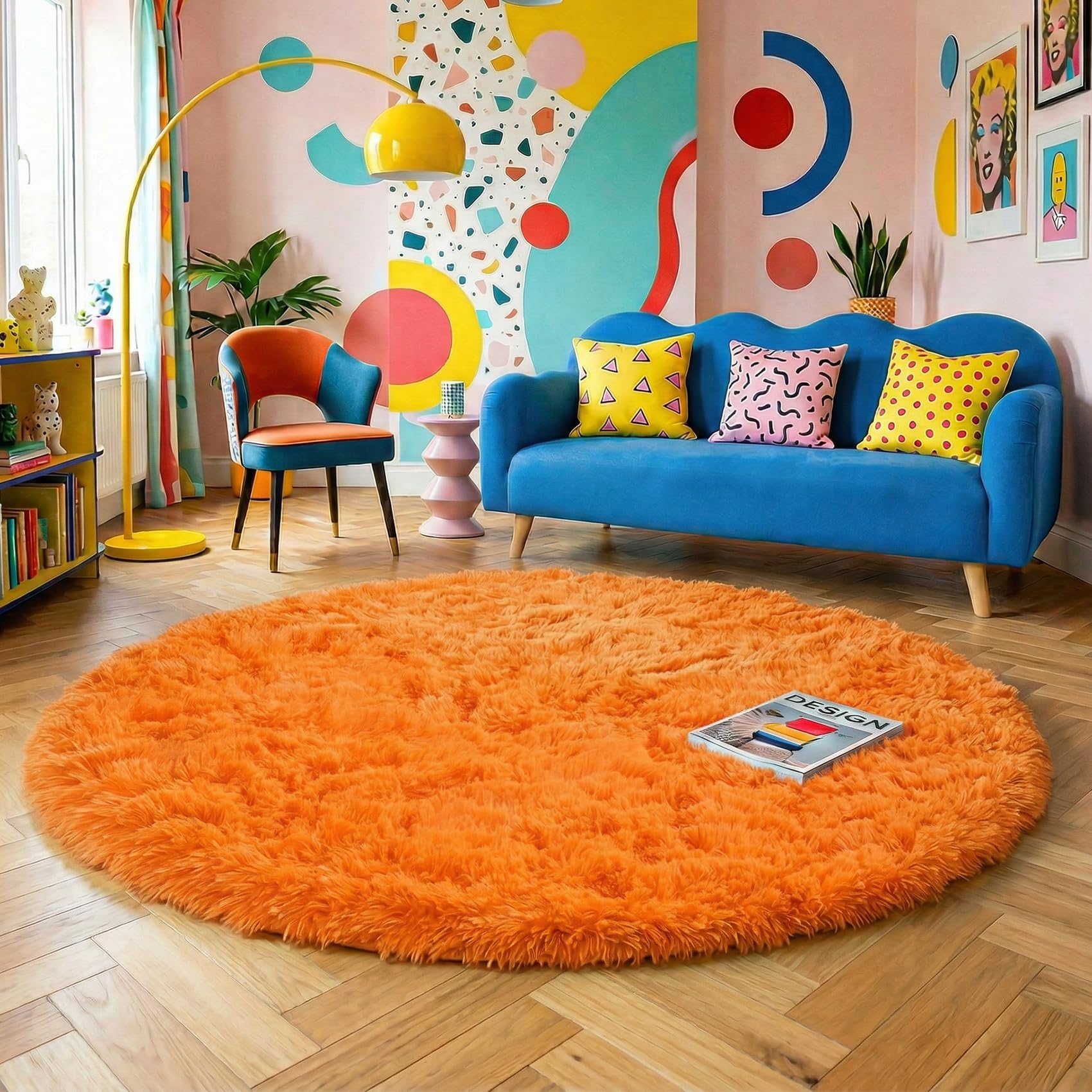 Amdrebio Orange Circle Round Rug 6Ft for Living Room Bedroom, Fluffy Furry Shag Area Rugs for Kids Room Decor Aesthetic, Cute Fuzzy Plush Shaggy Carpet for Baby Nursery Dorm Playroom, Teen Girls Boys Image