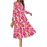 MASCOMODA Womens 2025 Fall Long Sleeve Floral Maxi Dress Casual Smocked V Neck Boho A Line Flowy Long Wedding Guest Dresses