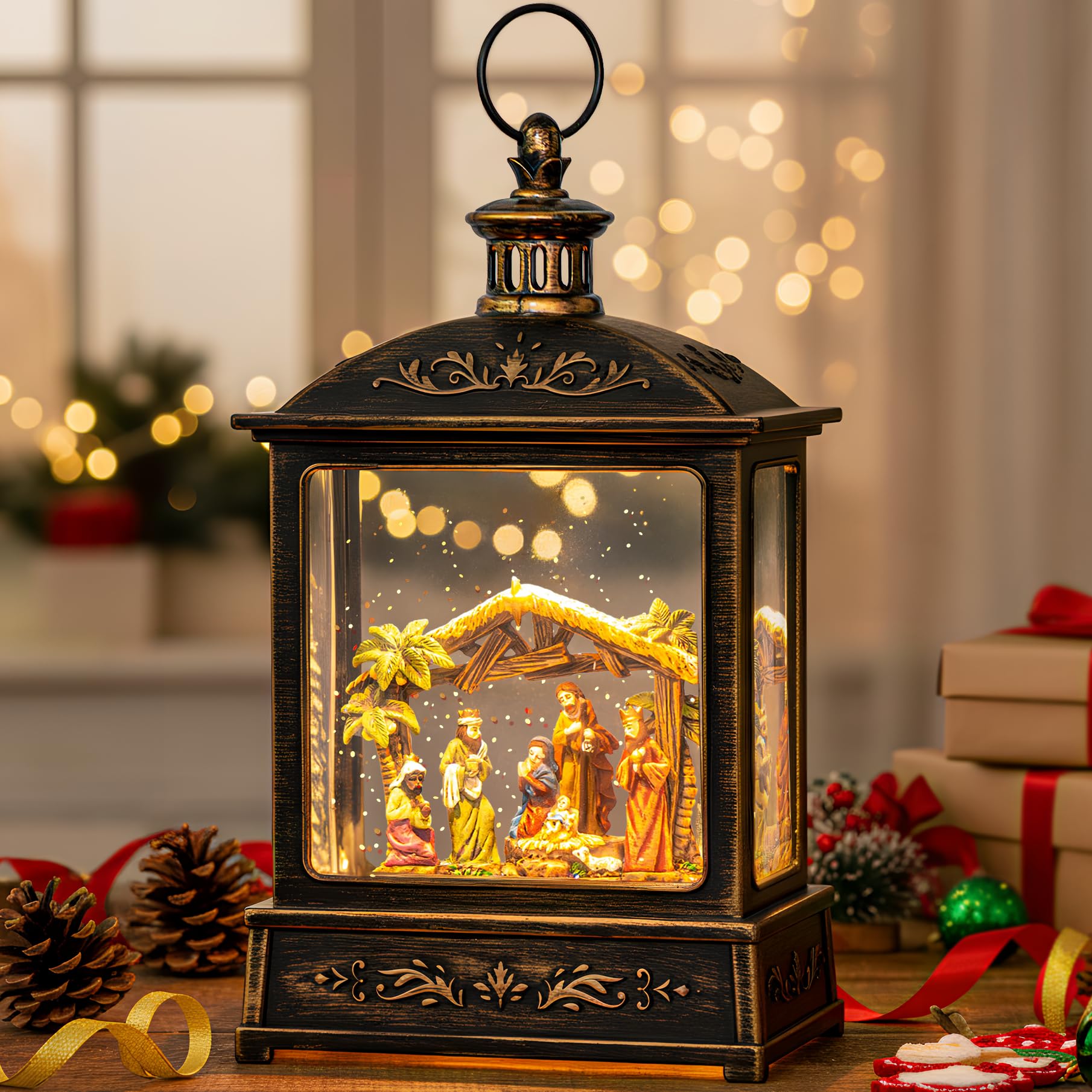 Photo 1 of 12.5'' Christmas Snow Globe Lighted Manger Nativity Scene, Musical Water Lantern Play Silent Night Music in Swirling Glitter, for Home, Battery Operated or USB Powered