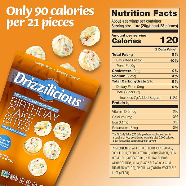 DRIZZILICIOUS MINI FLAVORED RICE CAKES BIRTHDAY CAKE – RICE CRISPS, HEALTHY SNACK FOR ADULTS AND KIDS, VEGAN, GLUTEN FREE SNACK, ALLERGEN FREE, ONLY 90 CALORIES PER 21 PIECES – 4 OZ (PACK OF 1)