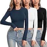 Long Sleeve Shirts for Women Crew Neck Casual Going Out Fashion Crop Tops Basic Slim Fitted Fall Winter Clothes 3 Pack