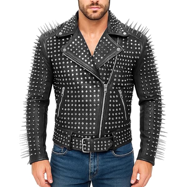 LP-FACON Mens Long Spikes Rock Punk Gothic Studded Brando Black