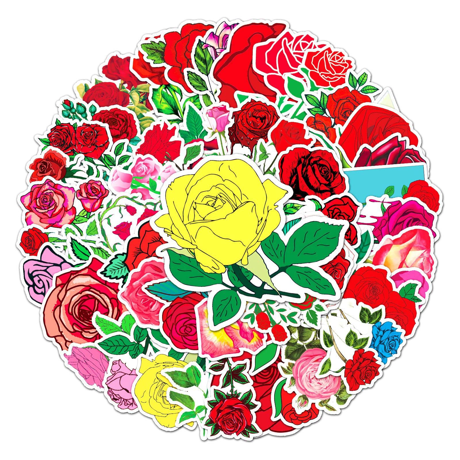 50 Pcs Rose Flower Stickers Laptop Car Scrapbook Phone Skateboard Bike Travel Case Cute Fashion Stickers Vinyl Waterproof Aesthetic Personalised Stickers for Teens Boys Girls Adults — image 1