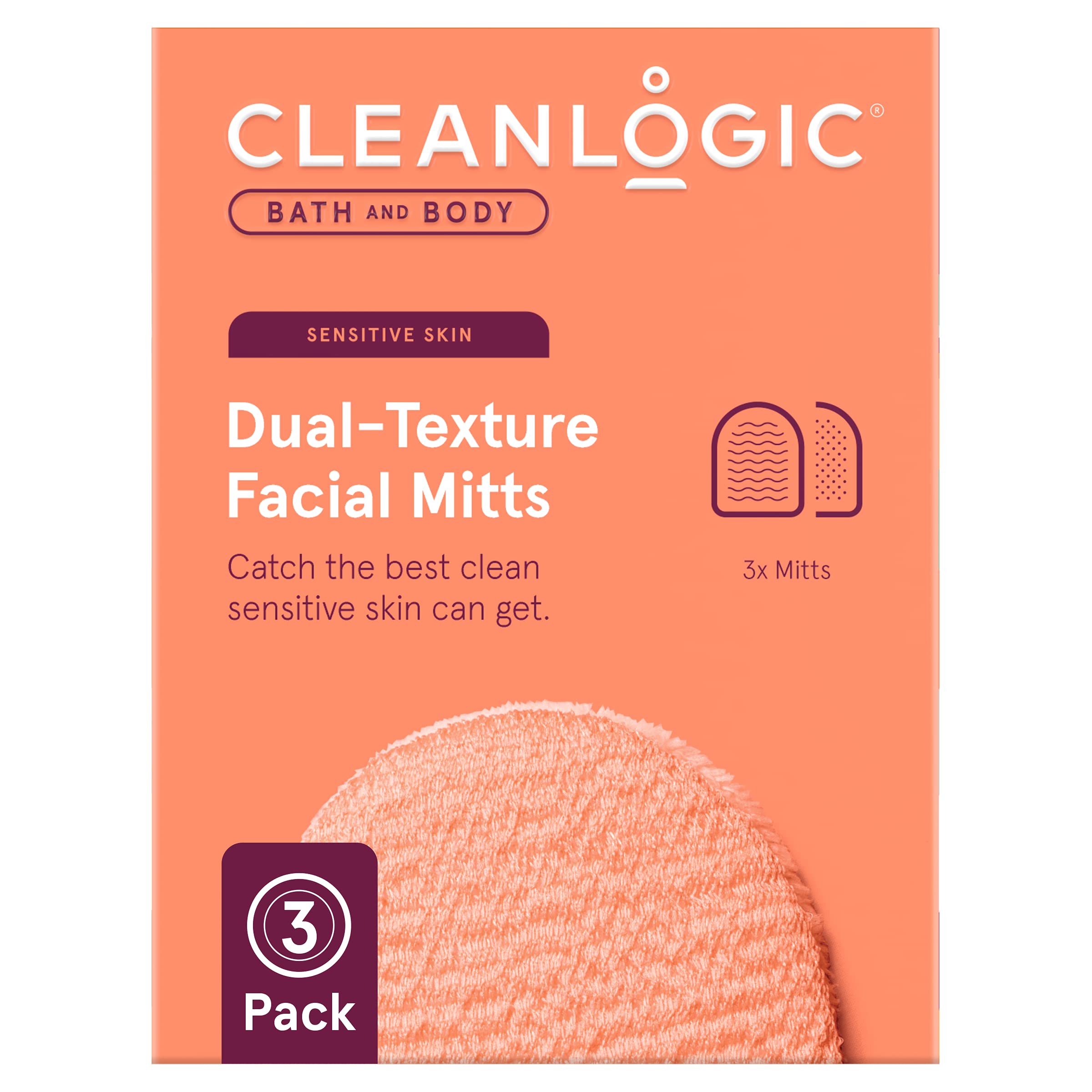 Cleanlogic Bath and Body Exfoliating Dual Texture Facial Mitts, Exfoliating Face Mitts fo Remove Makeup, Helps Soften Skin, Reusable Double Sided Face Exfoliator Mitts, For Sensitive Skin, Pack of 3