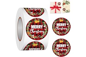 Acetiamin Merry Christmas Label Stickers Roll, 1.5 inch 500 Pcs Round Red and Black Buffalo Plaid Christmas Wreath Happy Winter Holiday Stickers for Xmas Cards Gift Favors Decoration Sealed Envelopes