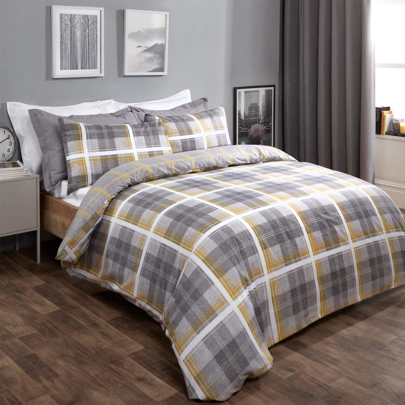 Dreamscene Duvet Cover with Pillowcase Reversible Denim Check Grey Bed Covers Tartan Bedding Set, Ochre Yellow - Double