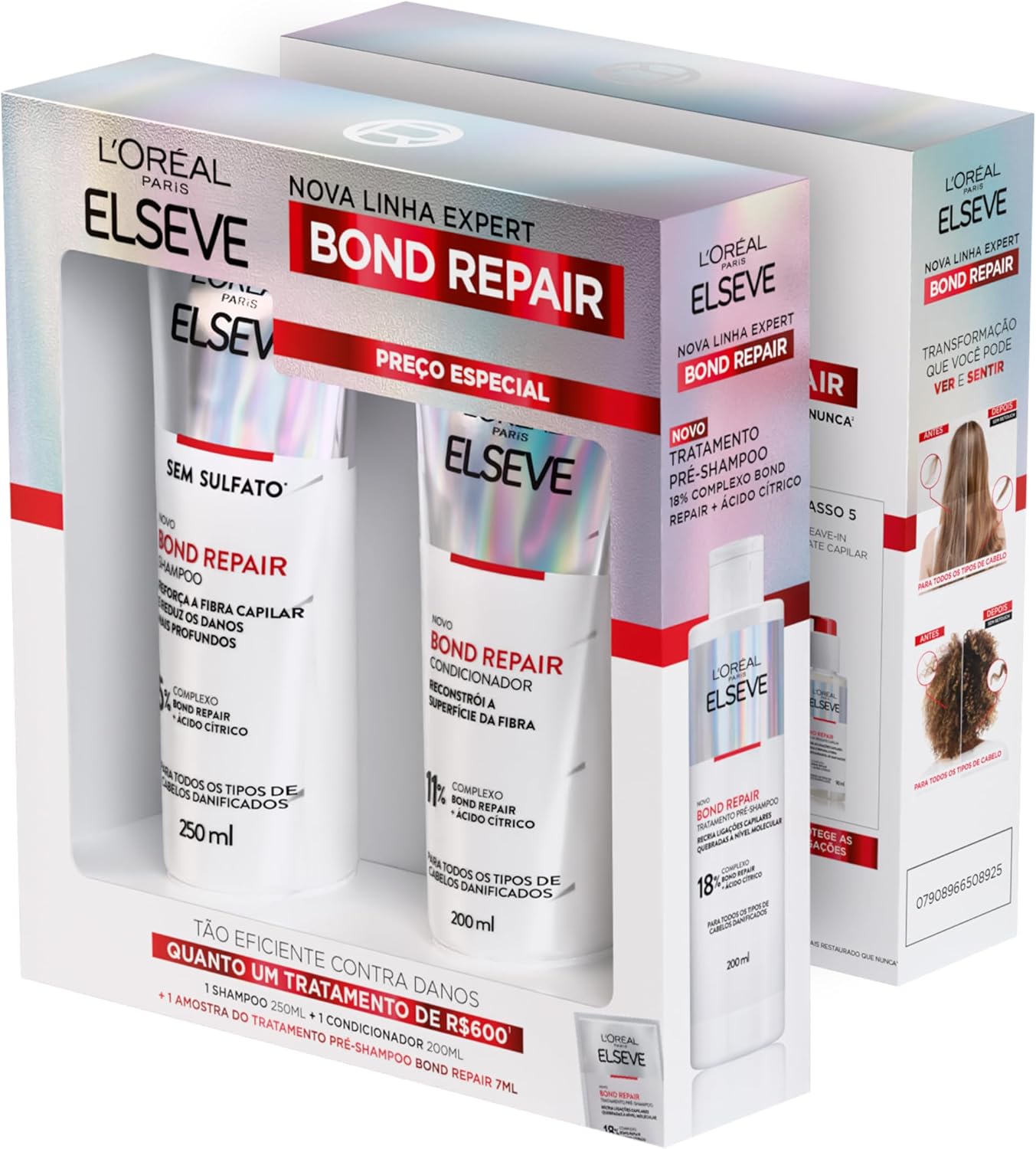 Kit Reparação Molecular L'Oréal Paris Elseve Bond Repair com Ácido Cítrico | para Cabelos Danificados, Reconstrói Ligações, Devolve Força, Shampoo + Condicionador, Sachê Pré-Shampoo