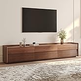 POVISON Fully-Assembled Mid Century Modern TV Stand, 94.49" Wood Media Console with Adjustable LED Light, Entertainment Center with Storage for Living Room